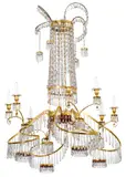 Werner & Berlin Mieth, Der Schleifenleuchter mit Rubinglas. Achtflammiger Kronleuchter, Um 1810, Bronze und Messing, vergoldet, z.T. versilbert; größtenteils originaler Glasbehang, originale Rubinglasscheiben. 126 cm, Ø 86 cm (49 ⅝ in., Ø 33 ⅞ in.)