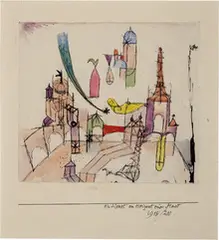 Paul Klee, Ein Komet am Horizont Einer Stadt (A Comet on the Horizon of a Town), 1918, Ink and watercolor on paper mounted to card