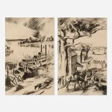 John Fulton Folinsbee, Two studies for the Paduka Post Office, graphite and charcoal on paper