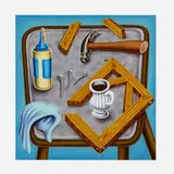 Pedro Pedro, Folding Table with Glue Rag, Hammer, Nails, Stretcher Bars and Cup of Coffee, 2018, acrylic on linen