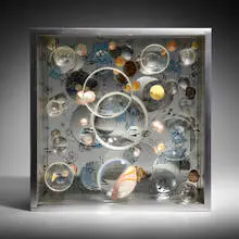 Mary Bauermeister, What 4 Junior, 1970, ink, glass, glass lens, wooden sphere, wooden object, stones, stainless steel construction