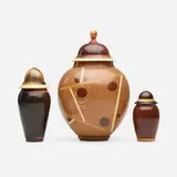 Michael Mode, Collection of three lidded vessels, 1999, 2009, 2011, holly, purple heart, yellow heart, ebony, buckeye, blood wood, lacewood, padauk, cocobolo