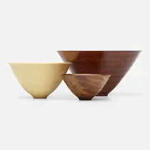 Michael Mode, Collection of three bowls, 2001, 2011, 2012, cocobolo, purple heart, holly, padauk
