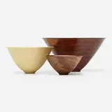 Michael Mode, Collection of three bowls, 2001, 2011, 2012, cocobolo, purple heart, holly, padauk