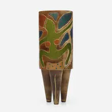 Christine Colombarini, Swimming Image Tripod Vase, 1991, primitive-fired earthenware with hand-painted acrylic and oil paint