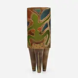 Christine Colombarini, Swimming Image Tripod Vase, 1991, primitive-fired earthenware with hand-painted acrylic and oil paint