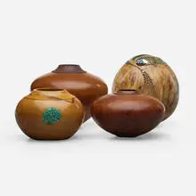 Turned Wood, Collection of four vessels, c. 2001, Australian grass tree wood, desert ironwood and turquoise, madrone wenge