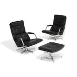 Preben Fabricius and Jørgen Kastholm, swiveling lounge chairs, pair, and ottoman, model FK-85 and KK-85H