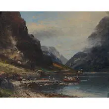 Sigvald Simensen, Fjord Landscape with Figures and Boats