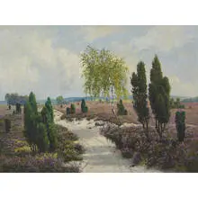 Max Gundlach, Spring Desert Landscape with a Birch Tree, Pines and Purple Wildflowers