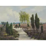 Max Gundlach, Spring Desert Landscape with a Birch Tree, Pines and Purple Wildflowers