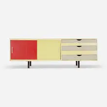 Chicago Bauhaus, cabinet, c. 1955, lacquered wood, lacquered masonite, enameled steel