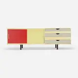 Chicago Bauhaus, cabinet, c. 1955, lacquered wood, lacquered masonite, enameled steel