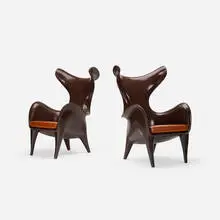 Jordan Mozer, Frankie goes to Houston chairs, pair, 2009-2010, molded and internally colored resin, leather