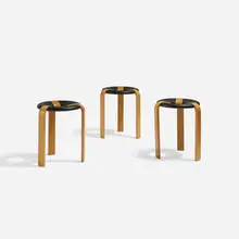 Rud Thygesen, stools, set of three, c. 1971, laminated oak, lacquered wood