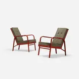 pair of armchairs for Martel de Janville Sanatorium, Plateau d'Assy by Jean Prouvé and Jules Leleu, 1936, enameled steel, upholstery, sold Apr 2018