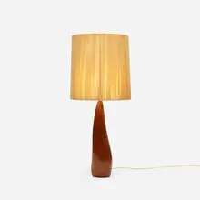 Modern, table lamp, c. 1960, carved walnut, string over paper