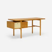 Milo Baughman, desk, c. 1950, birch, lacquered wood, brass
