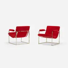 Milo Baughman, armchairs, pair, c. 1965, upholstery, chrome-plated steel
