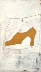 Antoni Tàpies, Sabata sobre blanc, 1989, Kreidegrund mit Marmormehl, Tempera und Graphit auf lackierter Sperrholzplatte