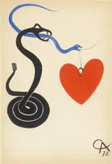 Alexander Calder, Red heart with black and blue snakes, 1972, Gouache und Tuschpinsel auf Velin (Wasserzeichen: Canson et Montgolfier; Prägestempel: Les papiers Canson Lavis B)