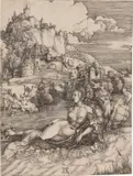 Albrecht Dürer, Das Meerwunder (Raub der Amymone)“. Wohl vor 1500, Kupferstich auf Bütten (Wasserzeichen: gotisches P)