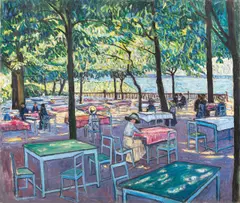 Theo von Brockhusen, Ausflugslokal (Gasthaus Baumgartenbrück), Um 1910, Öl auf Leinwand