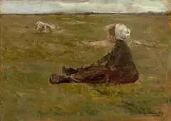 Ziegenhirtin by Max Liebermann, 1887, Öl auf Pappe, auf Spanplatte aufgezogen, sold Jul 2020