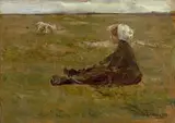 Max Liebermann, Ziegenhirtin, 1887, Öl auf Pappe, auf Spanplatte aufgezogen