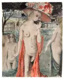 Paul Delvaux, Étude pour „Les Dryades, 1966, Aquarell, Pinsel und Feder in Schwarz auf Papier