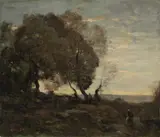 Jean-Baptiste Camille Corot, Arbres tordus sur une crête (Soleil couchant)