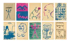 A. R. Penck, Buchentwurf „Mensch und Automat“. 1960er-Jahre, 149 Zeichnungen und Schriftbilder, jeweils Tusche bzw. Aquarell auf Papier (Rückseiten eines Auftragsblocks sowie Umschlagrückseite)
