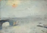 Lesser Ury, Waterloo-Brücke bei Nebel (London)”, 1926, Öl auf Leinwand. Doubliert