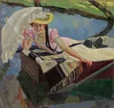 Edward Cucuel, Frau im Boot mit weissem Sonnenschirm (The white parasol)