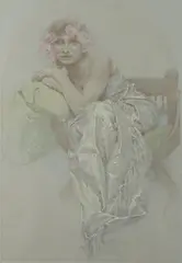 Alphonse Mucha, In Deep Thought, 1935, paper, pencil, coloured pencils, white chalk