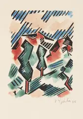 Václav Špála, Landscape with Poplars, 1936, paper, coloured linocut, paper