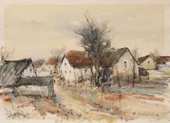 Oldřich Blažíček, Village Houses, 1930s, charcoal, watercolour, cardboard