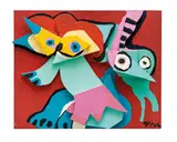 Jumping Fox with Green Virgin by Karel Appel, 1975, Hand-painted wood construction mounted to linen covered backing board, sold Oct 2017