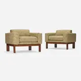 Lounge chairs, pair by Modern, c. 1975, upholstery, mahogany, sold Nov 2023