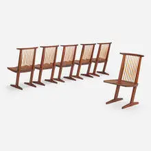 Gino Russo, New Hope Modern-style dining chairs, set of six, c. 1970, walnut, hickory