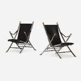 Maison Jansen, Campaign chairs, pair, c. 1970, polished steel, leather, brass