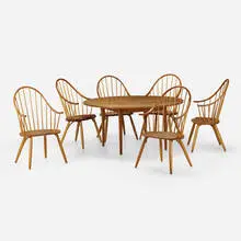 Dining table and chairs, set of six by Thomas Moser, 1986, 2013, cherry, ash, sold Nov 2023