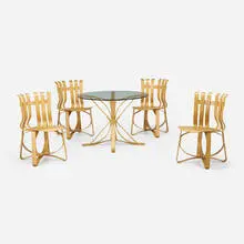 Frank Gehry, Face Off table and Ribbon chairs, set of our, laminated maple, glass