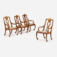 Robert Whitley, Armchairs, set of four, c. 1980, walnut, bird's-eye maple, microfiber upholstery