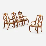 Robert Whitley, Armchairs, set of four, c. 1980, walnut, bird's-eye maple, microfiber upholstery