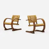 Adrien Audoux and Frida Minet, Lounge chairs, pair, c. 1950, oak, jute