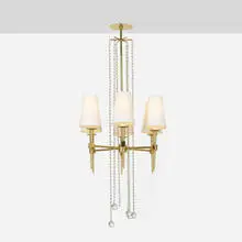 Chandelier by Tommi Parzinger, c. 1975, brass, glass, canvas, sold Nov 2023