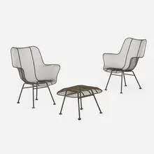 Sculptura lounge chairs, pair and ottoman by Russell Woodard, c. 1965, enameled steel, sold Nov 2023