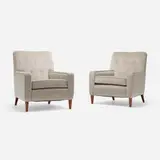 Lounge chairs, pair by T. H. Robsjohn-Gibbings, c. 1955, microfiber upholstery, mahogany, sold Nov 2023