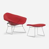 Harry Bertoia, Wide Diamond chair and ottoman, 1952 / 1973, chrome-plated steel, upholstery